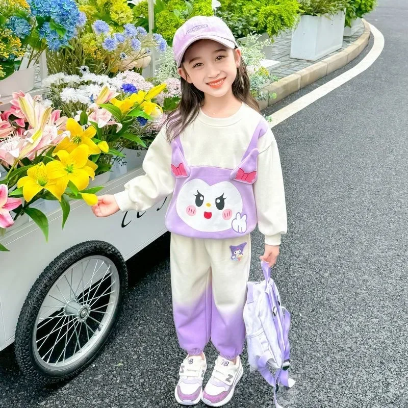 Ensemble de vêtements à capuche Kuromi Anime pour enfants, chemise et pantalon à manches longues, bébé de dessin animé mignon, cadeaux Kawaii, printemps et automne, FJ2 pièces