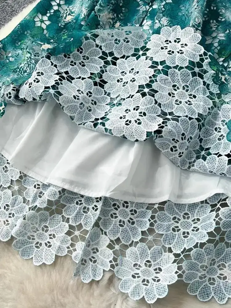 Women Stand Collar Embroidery Elegant High Waist Slim Flower Dresses Autumn Vintage High-End Lace Hollow Out Party Vestidos