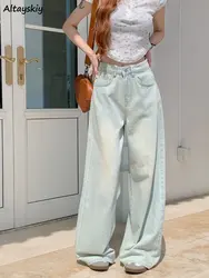 Long Jeans Women New Summer Vintage Bleached Design Loose Wide-leg Trousers Ulzzang Street Style Basic College Harajuku Popular