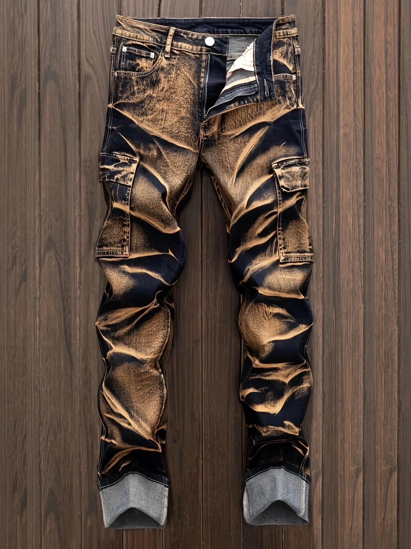 

New European and American old retro style multi-pocket washed jeans