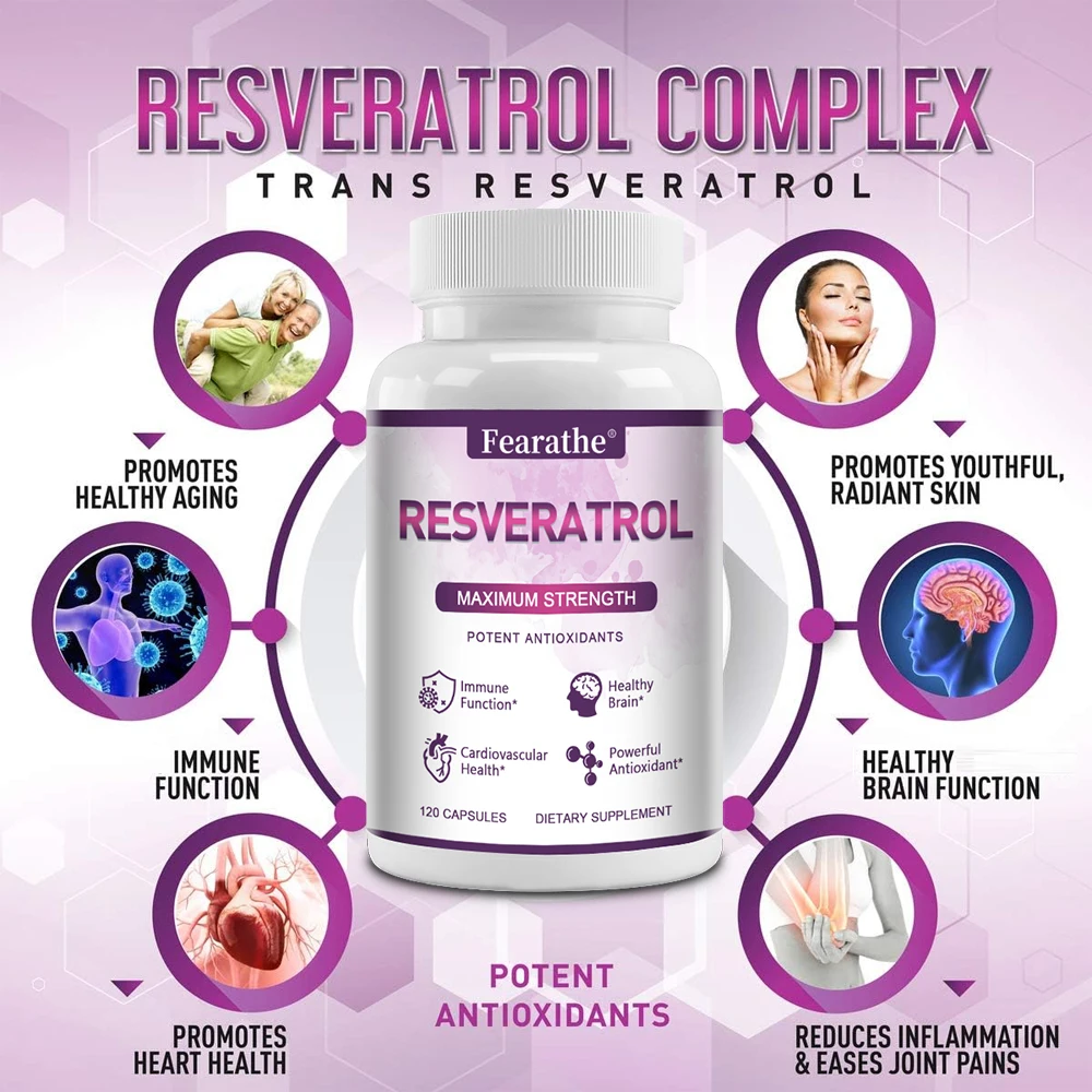 

Trans-Resveratrol Antioxidant Capsules - Heart, Brain & Cell Health Support, Anti-Aging & Immune Booster, Non-GMO Gluten-Free