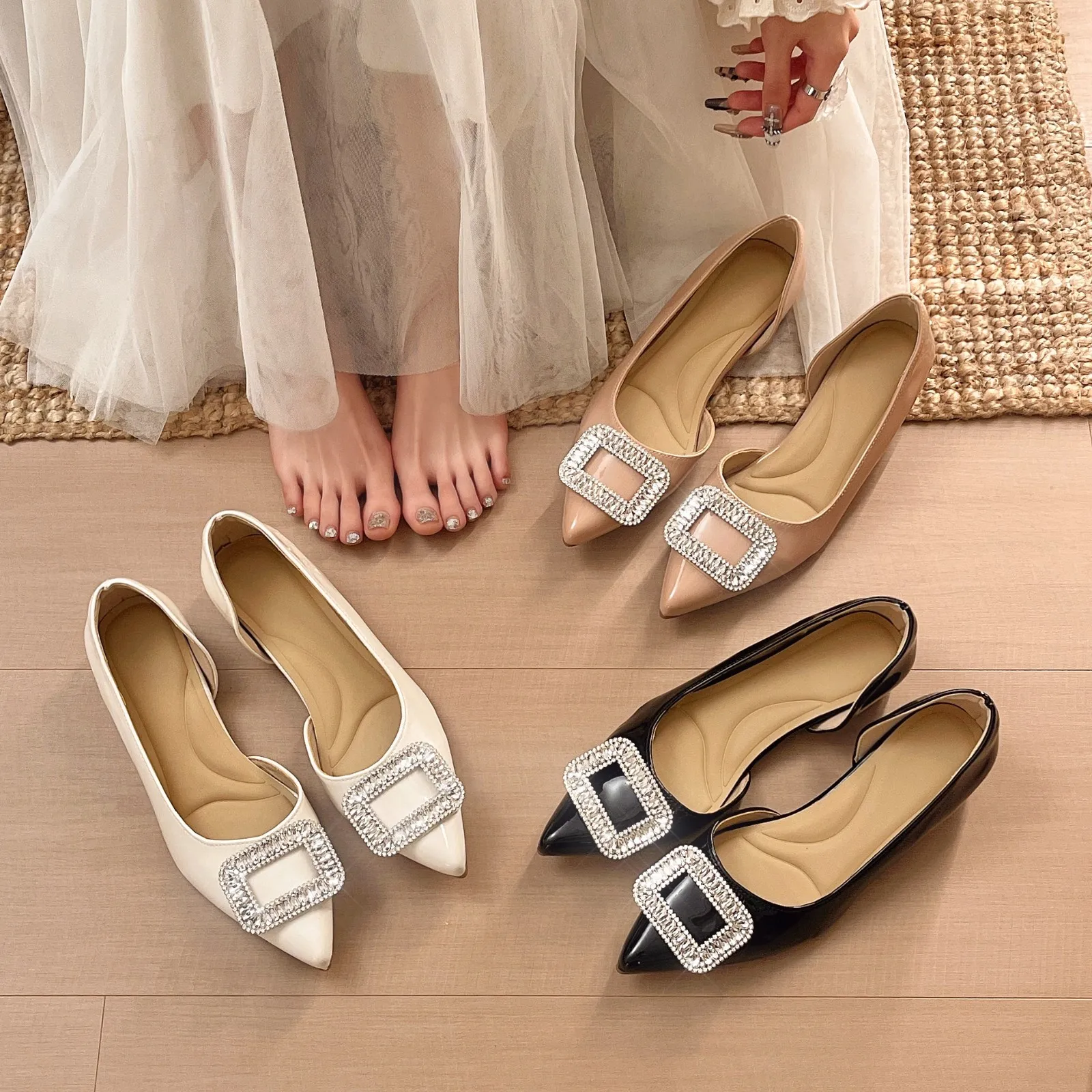 

Women's Pointed Toe Patent Leather Flats Rhinestone Square Buckle Side Cut Out Low Wedge Slip On Office Work Pumps Casual Shoes