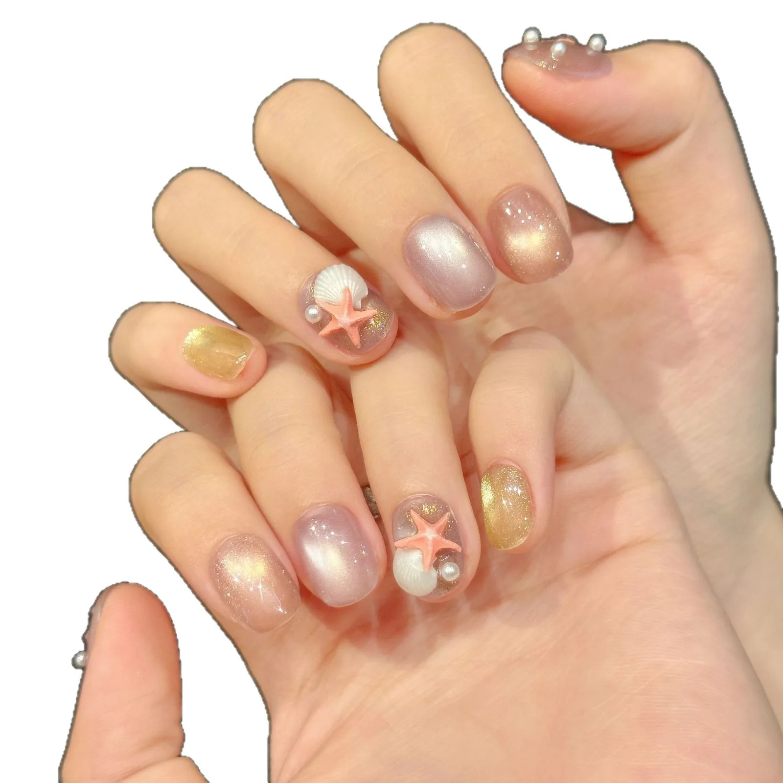 10st Glitter Cat Eyes nepnagels Leuke korte ronde nepnagels Draagbaar Herbruikbaar Handgemaakte zeester Parel Decor Druk op nagels