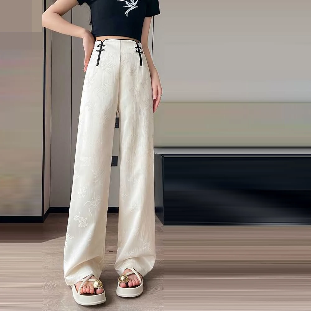 New Chinese  casual pants for women in summer, high waisted and slim Narrow straight leg pants length and wide legs