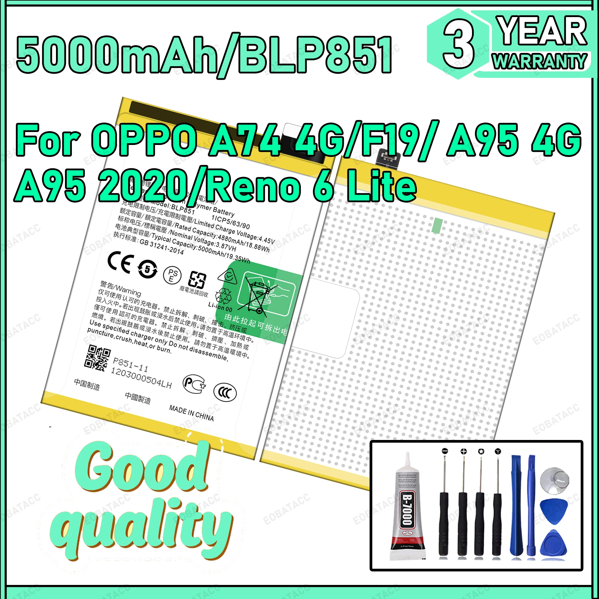 

100% New Zero Cycle BLP851 Battery For OPPO A74 4G/F19/A954G/A95 2020/Reno 6 Lite Batteries+Free tools