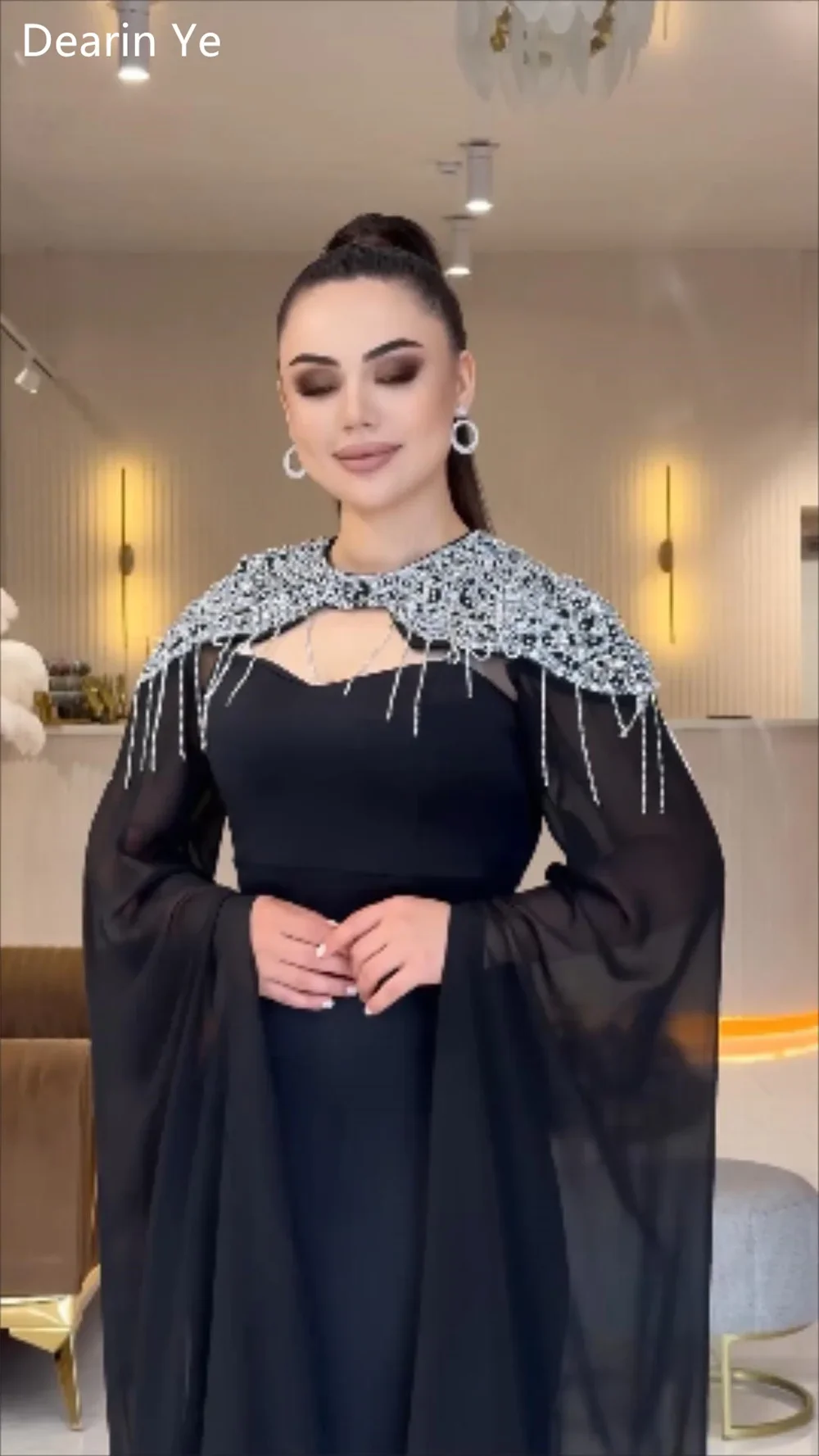 Personalizado arábia saudita vestido de baile formal noite dearin decote colher coluna tornozelo comprimento lantejoulas saias fita tu