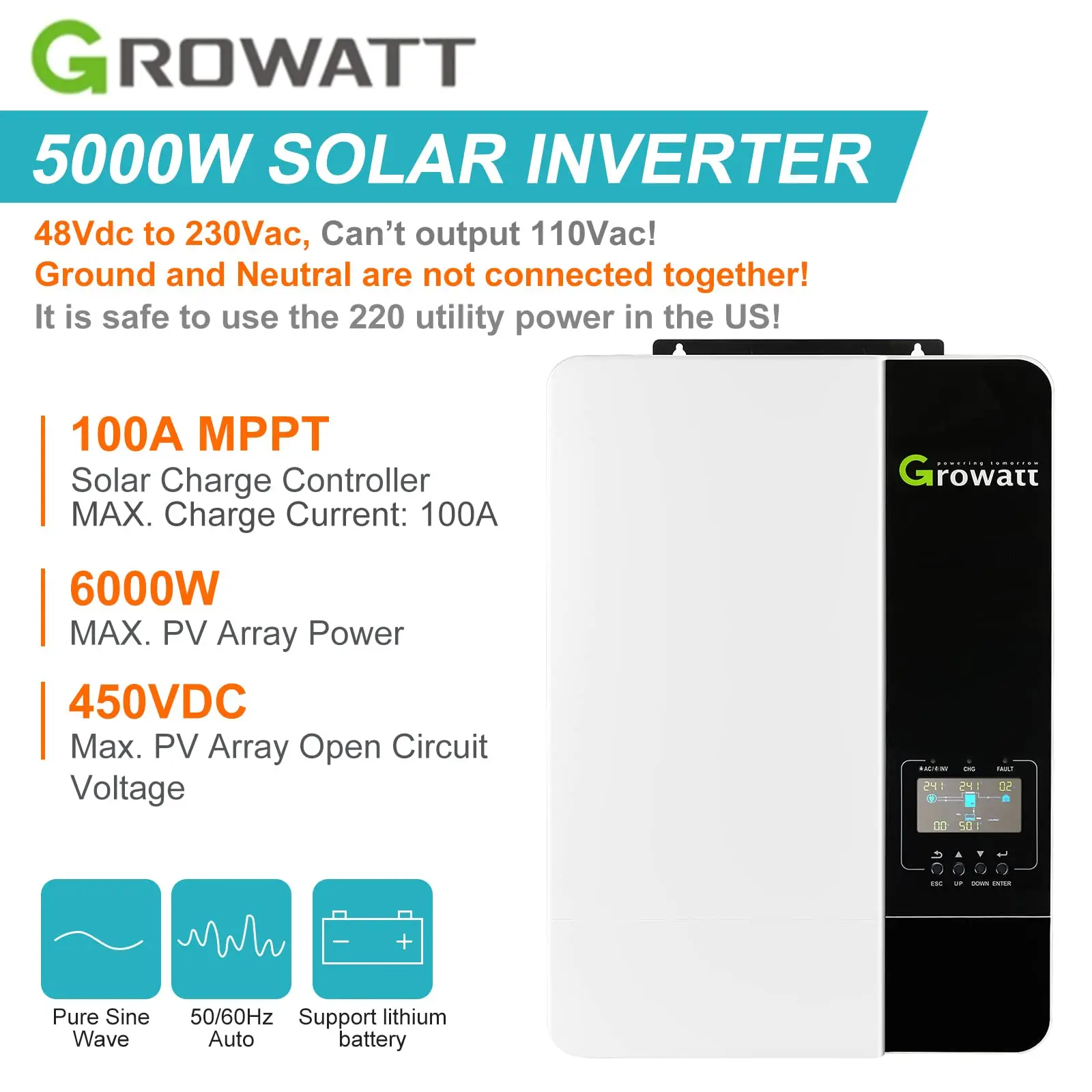 Europe stock Growatt spf 48v 5000w 3kw 5kw es 5kva mppt home solar off-grid hybrid inverter with wifi module