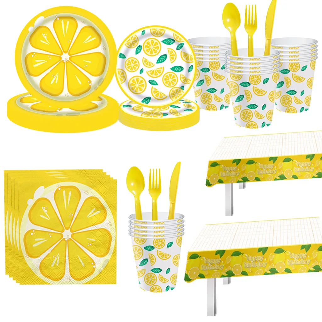 8Guests Yellow Lemon Fruit Theme Disposable Birthday Tableware Lemon Plates Cups Napkins Summer Fruit Birthday Supplies