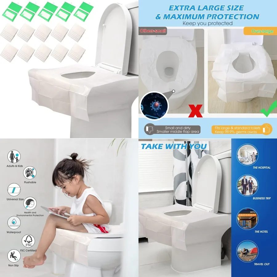 

Одноразовые смывные чехлы на сиденья для унитаза, модернизированные, большие, толстые, 50 шт. в упаковке для взрослых, приучения к горшку в общественных туалетах, самолета