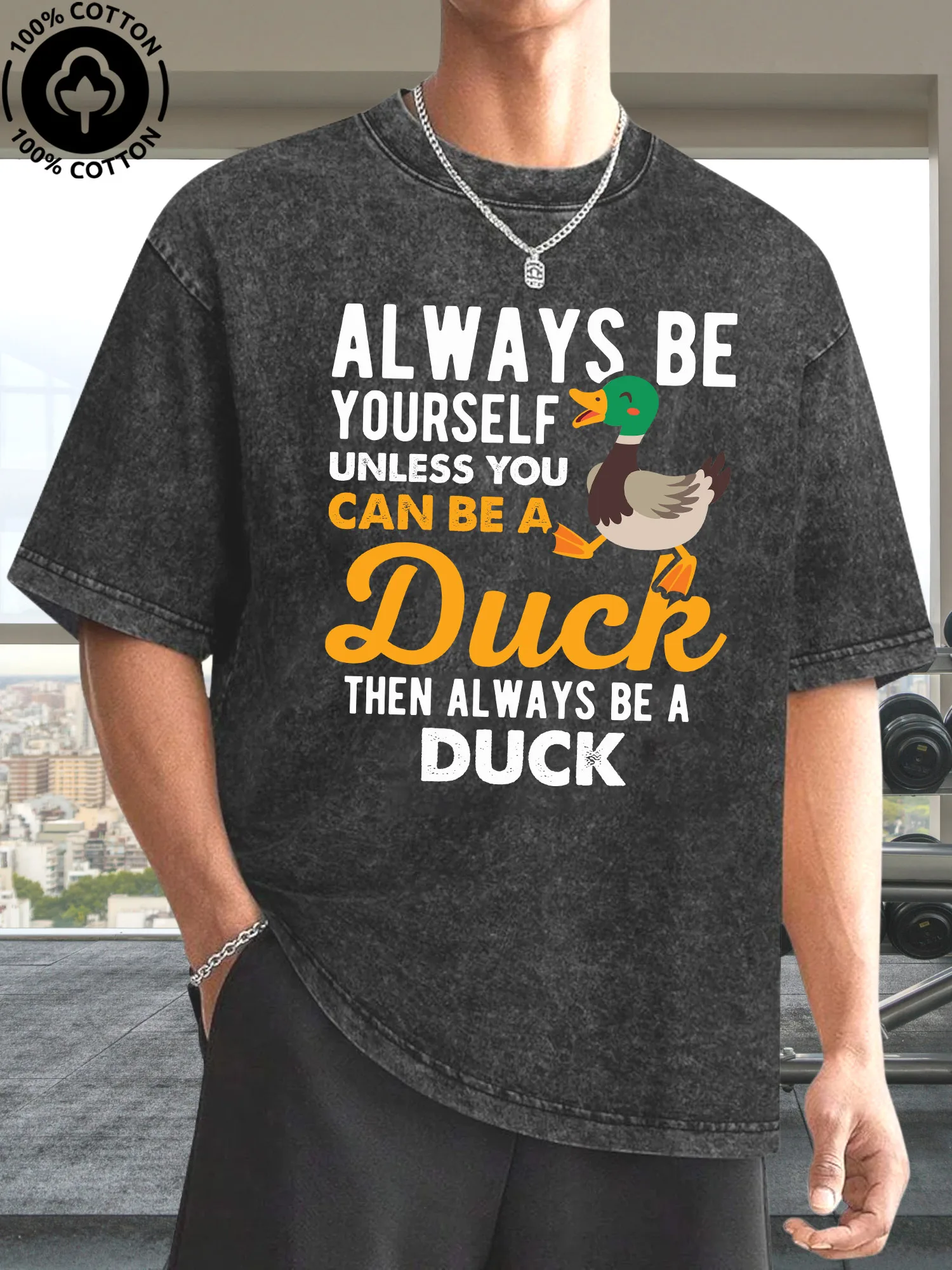 

Unless You Can Be A Duck Men's Graphic Tee, 100% Cotton Vintage Black T-Shirt, Retro Street Acid Washed Tee