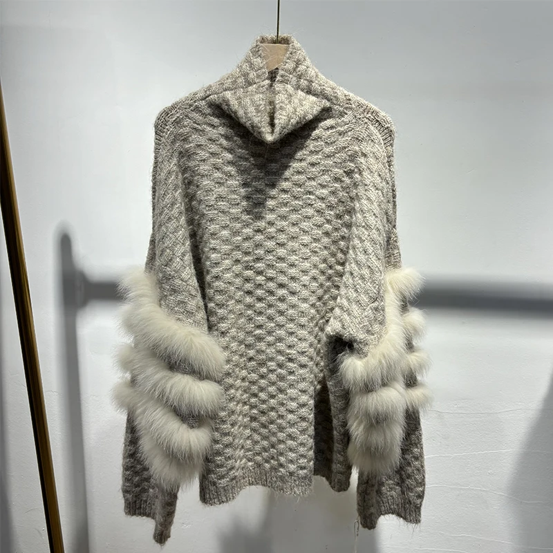 2025年冬 レディース ローズレッド 本物の狐の毛皮 ニットコート 本物の毛皮 秋 ニットジャケット セーター