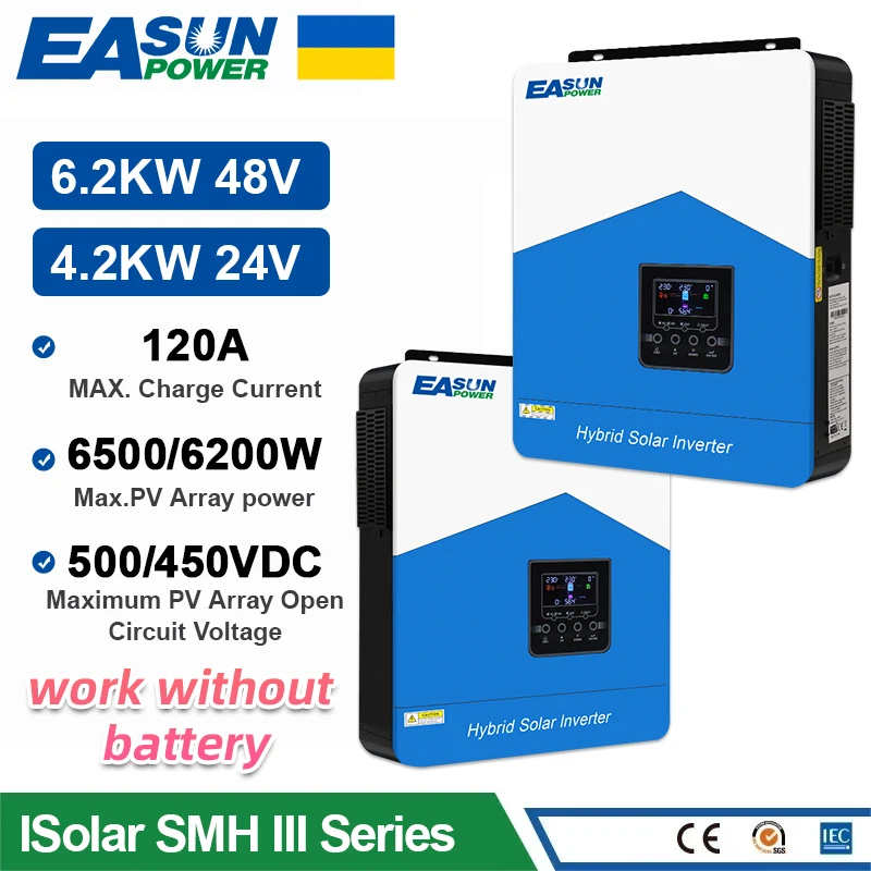 

EASUN POWER Hybrid Solar Inverter 6.2KW 48V Photovoltaic Hybrid Inverter 230VAC Max PV 450V Build in 80A 120A MPPT Charger 4.2KW