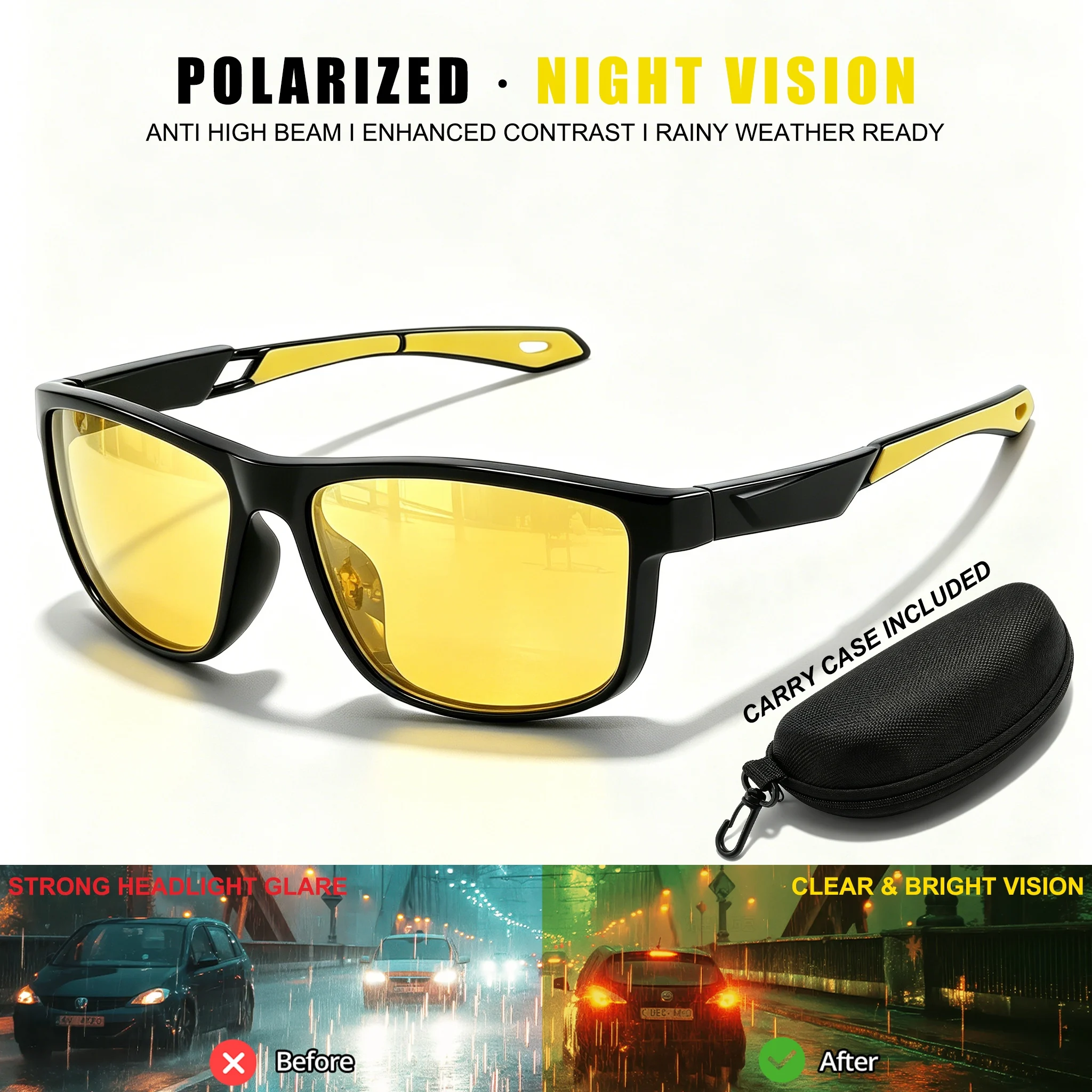 Polarisierte Nachtfahrbrille mit quadratischem Rahmen, rutschfeste Silikonbügel, Anti-High-Beam-Blendschutz, für Nacht, Regen, Nebel, UV400, zum Fahren und Radfahren