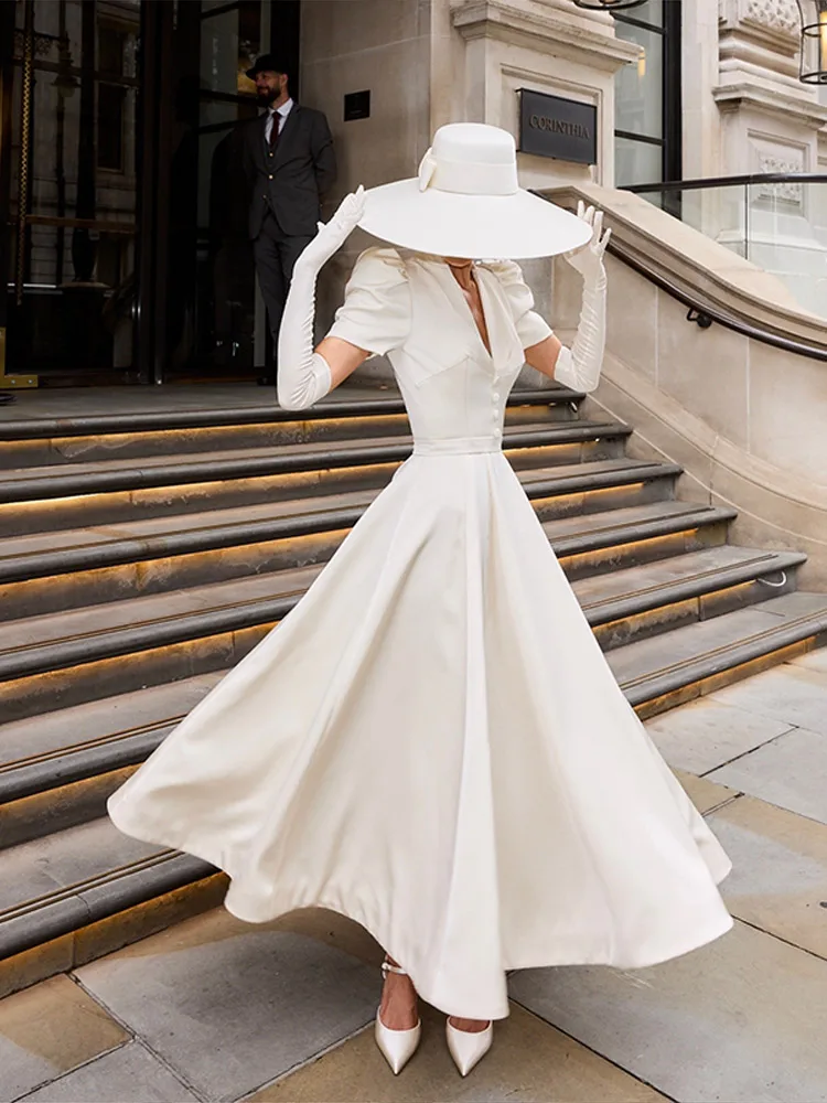 Tief Ausgeschnittenes Tailliertes Langes Kleid mit Weitem Rock für Damen Sexy Puffärmel Einfarbiges Schlankes Abendkleid Charmante Damenkleider – Detail 16