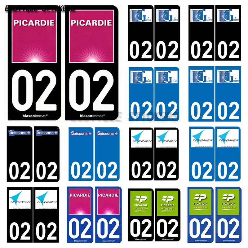 

2Pcs France F02 plaque d'immatriculation noir / bleu autocollant02 Picardie - Ma Région - Tourisme Tergnier Guise Soissons logo