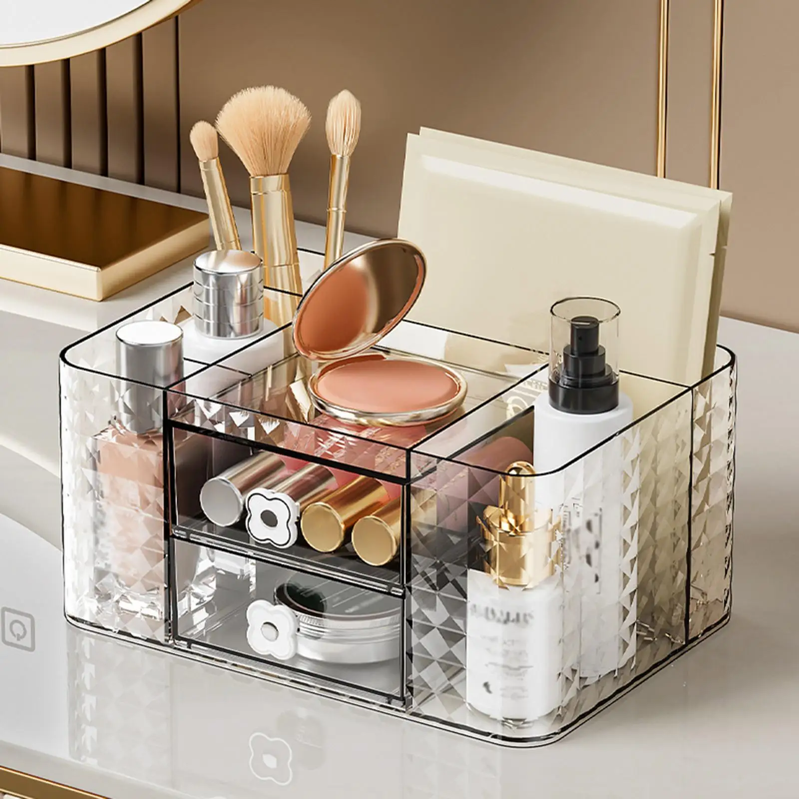 Desk Organizers and Accessories Pen Holder with Sliding Drawer Transparent Cosmetic Makeup Vanity Organizer Box for Dresser