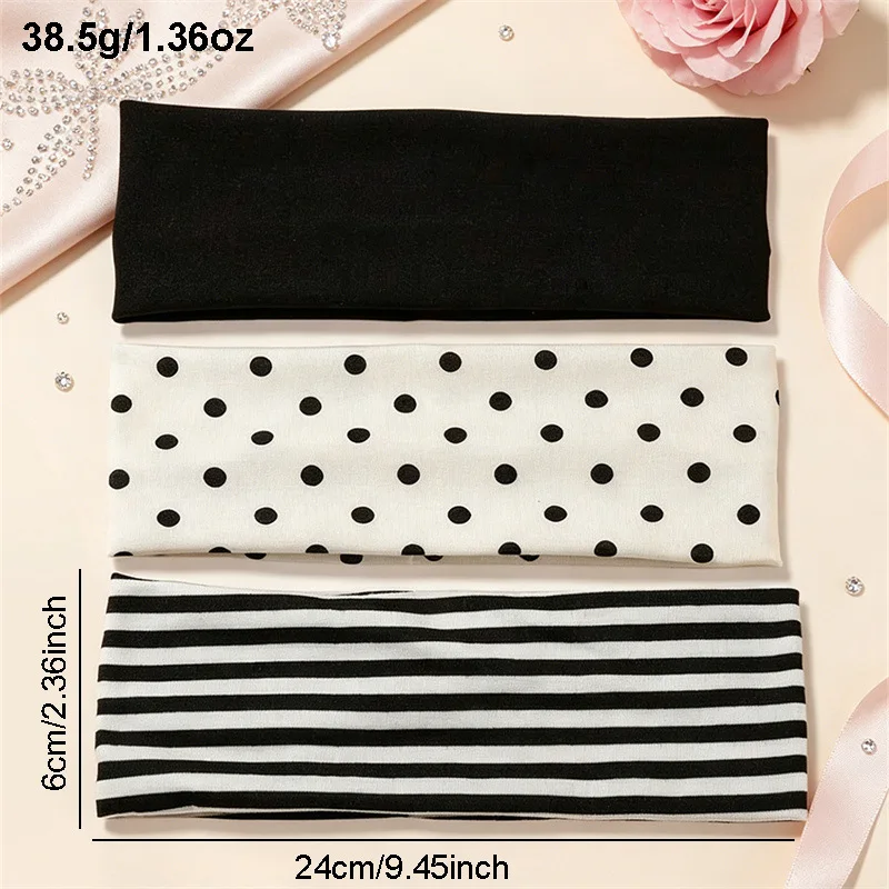 3Pcs Black & White Polka Dot Striped Elastic Headbands For Women Soft Stretchy Hair Accessory For Yoga Fitness Travel Daily Life