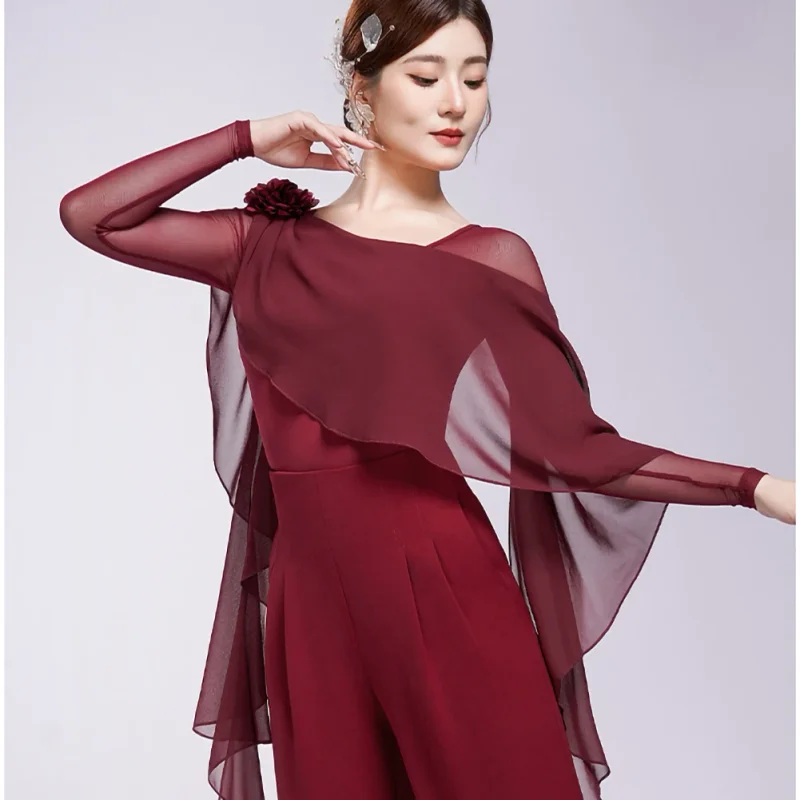 Nieuwe witte ballroom danswedstrijd dans top lange mouw oefenjurk zwart moderne dans shirt paarse sjaal wals