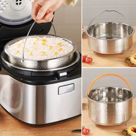 Stainless Steel Food Steamer Kitchen Rice Pressure Cooker Steaming Grid Drain Basket with Silicone Handle Cooking Accessories