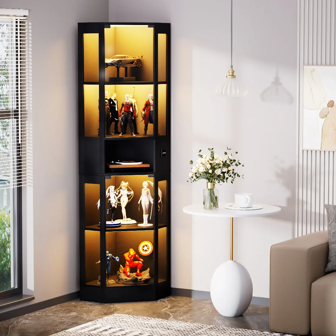 Vitrine noire à 5 niveaux en verre avec rangement, éclairage LED, portes en verre et capteurs intelligents – Vitrine élégante pour salon, chambre ou bureau – Vitrine spacieuse pour objets de collection, livres ou décorations – Construction robuste, montage facile
