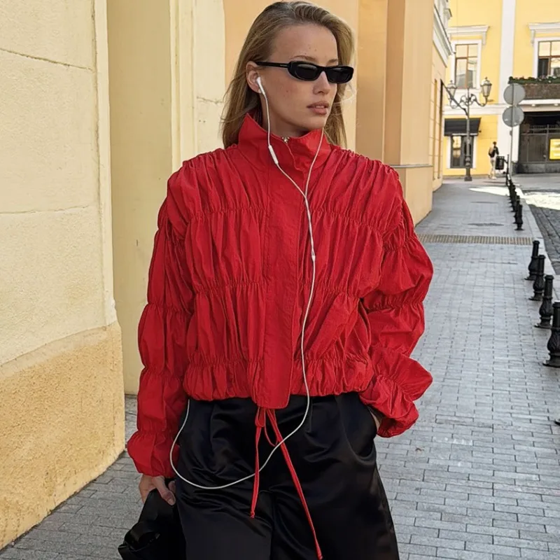 

Talenza Fashion Red Jacket Women New Ruched Drawstring Patchwork Casual Top Vintage Oversized Streetwear Autumn Female Outerwear