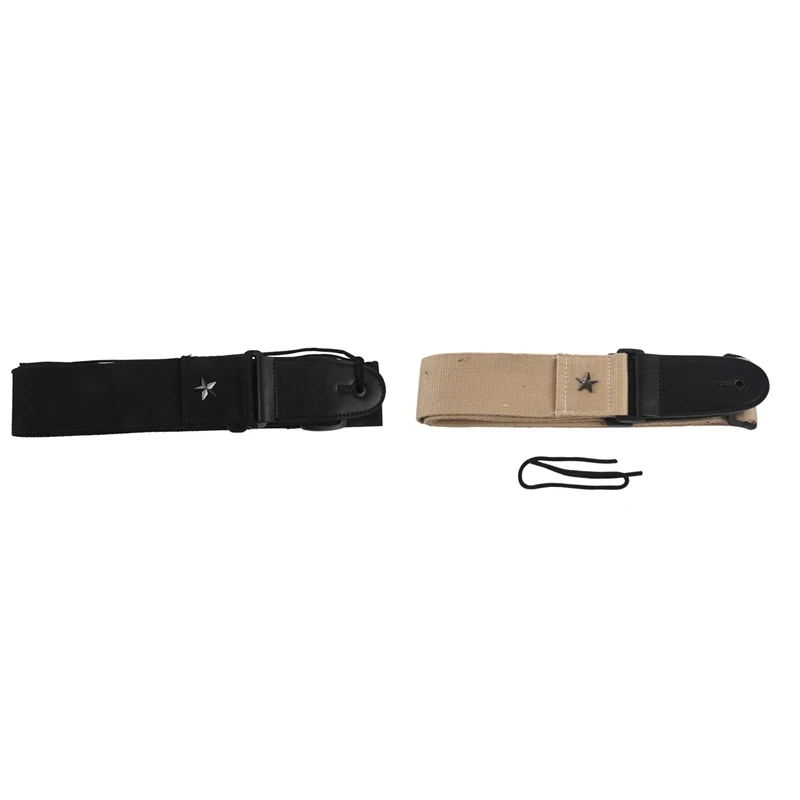 2Pcs Wear Resistant Acoustic Bass Thicken Shoulder Belt Parts Anti Slip Guitar Strap Star Embellish - Khaki & Black