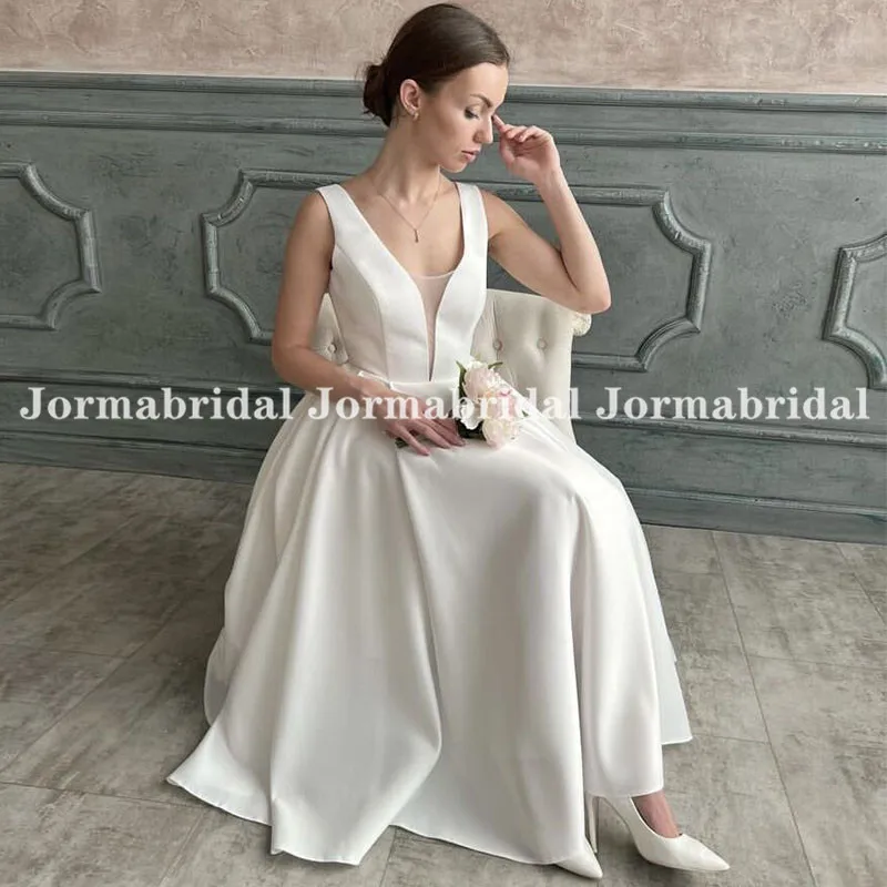 Vestidos de noiva de verão de cetim branco vestidos de noiva de férias midi vestidos de casamento sem costas profundo com decote em v curto com bolsos