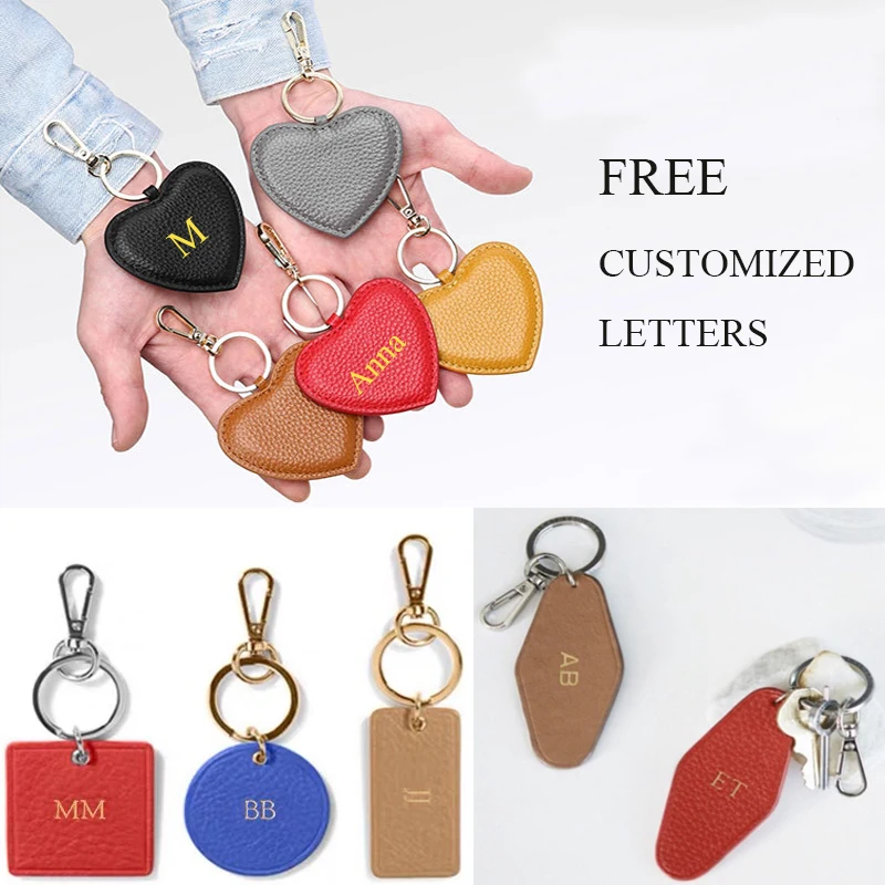 Free Customized Creative Real Leather Keychain Love Heart Keychain Circle Keyring Square Pendant Car Key Holder Exquisite Gift