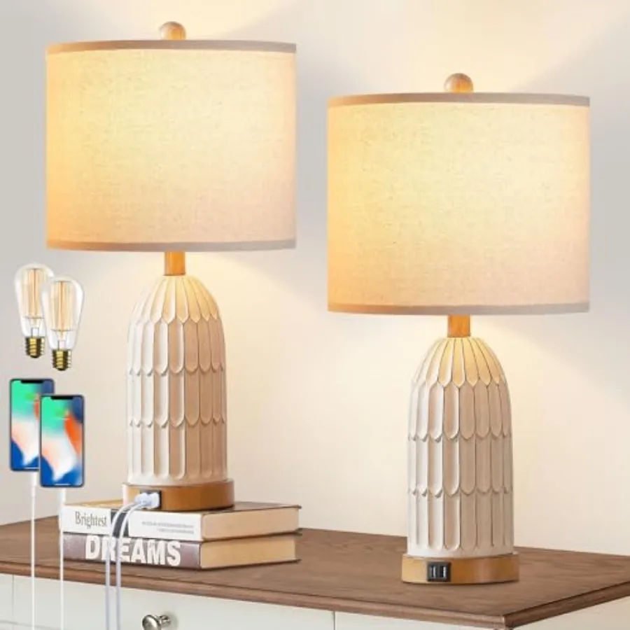 

Boho Table Lamps Set of 2, Farmhouse 3-Way Dimmable Touch Nightstand Lamp with 2 USB Charging Ports, White Vintage Bedside Lamp