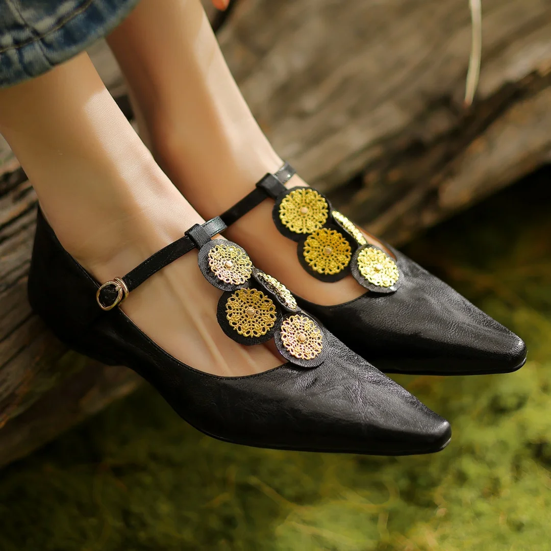 

Plus size 34-42 women's sheepskin t-strap flats daily female footwear pointed toe high quality soft comfortable daily shoes sale