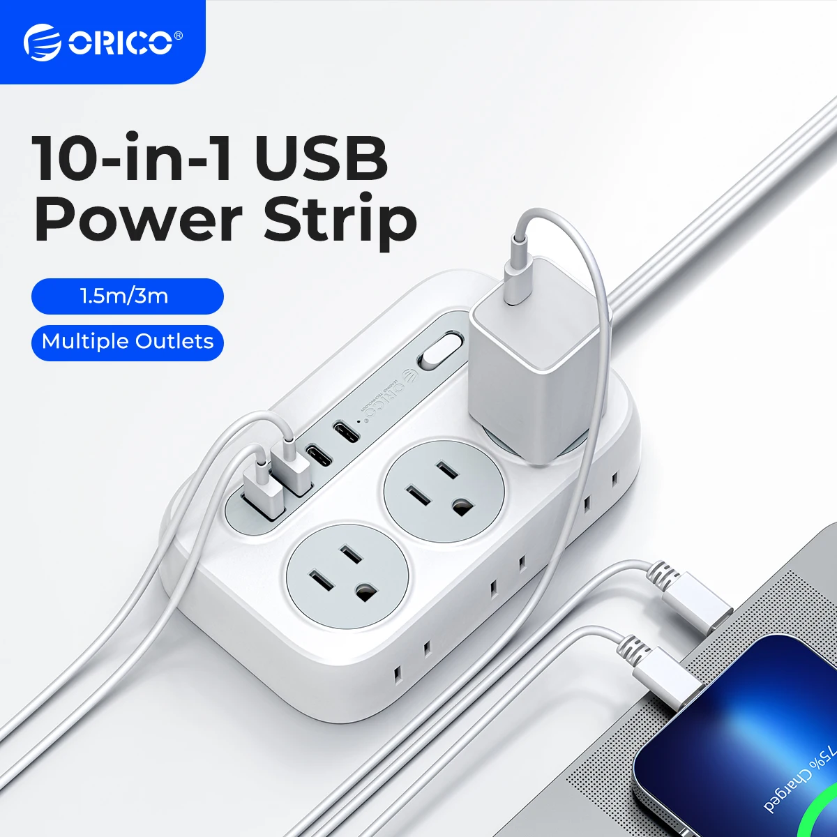 

ORICO Power Strip 6 AC Outlets 2 USB 2 Type C 1250W fast charging Travel adapter Multi-Size Extension Cord for Home Outdoor
