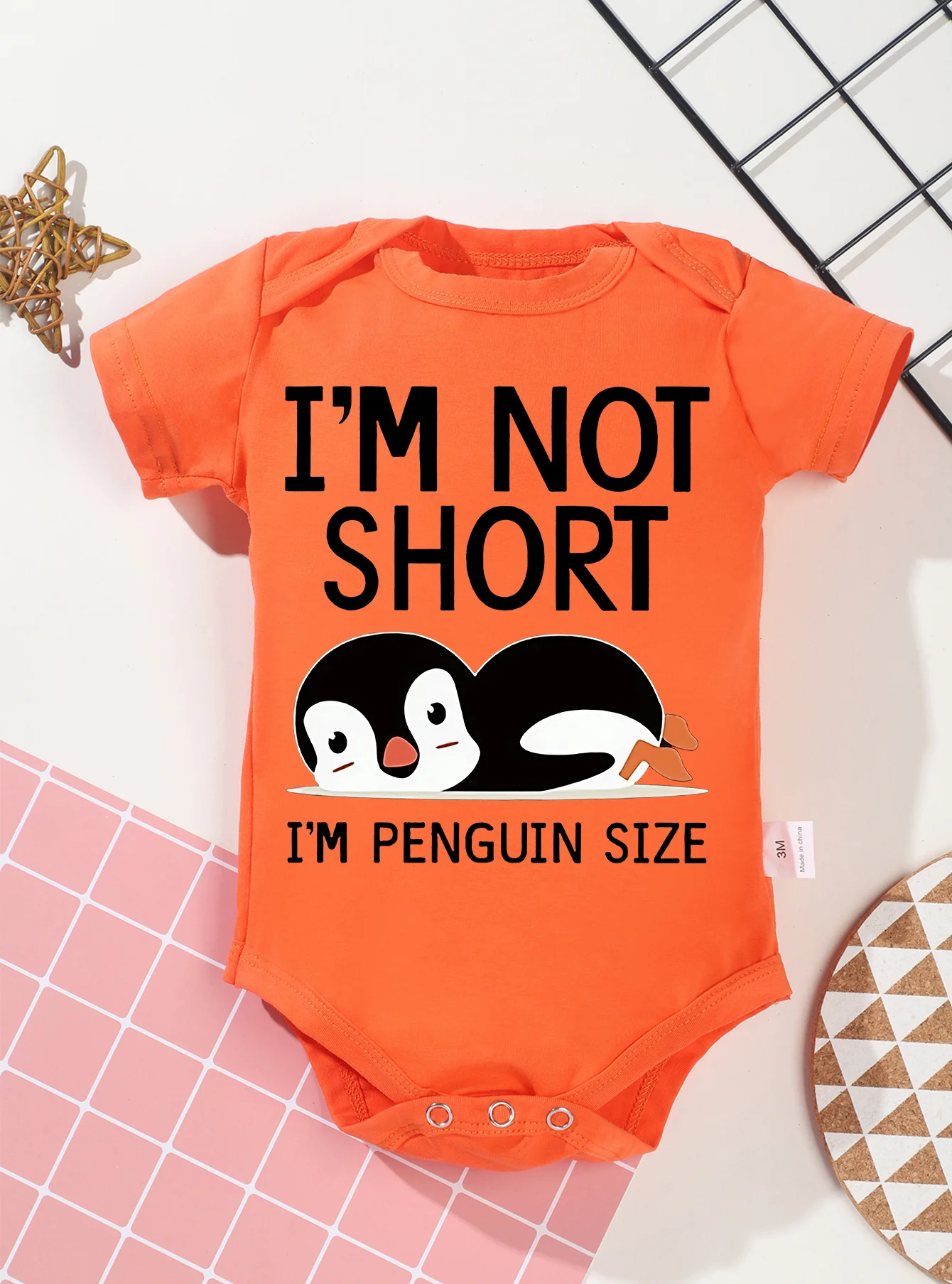 Newborn I\'m Not Short Printing Bodysuit Baby Girl Boy Penguin Pattern Clothes Rompers Jumpsuit Infant Toddler Cute