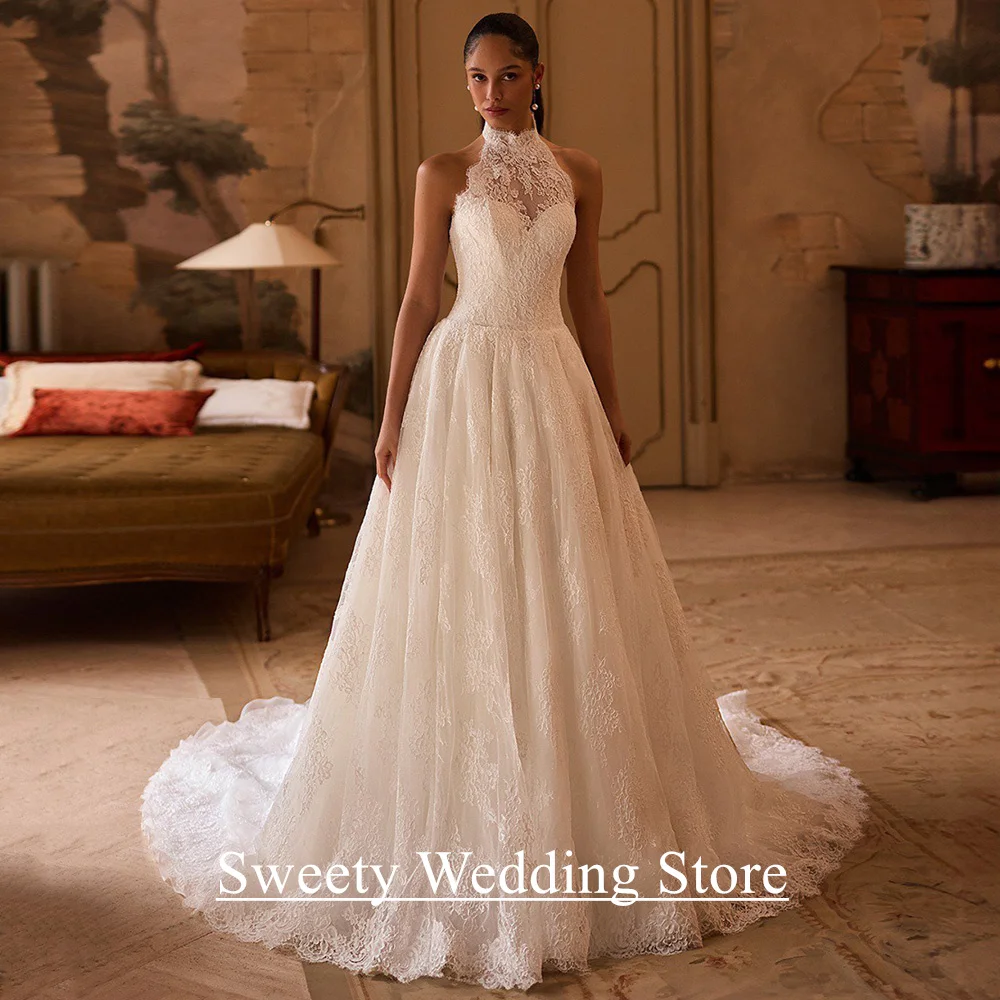 

Halter Lace Wedding Dress Customized Sleeveless Open Back Sweep Train Vestidos De Novia Bridal Gown for Woman Bride