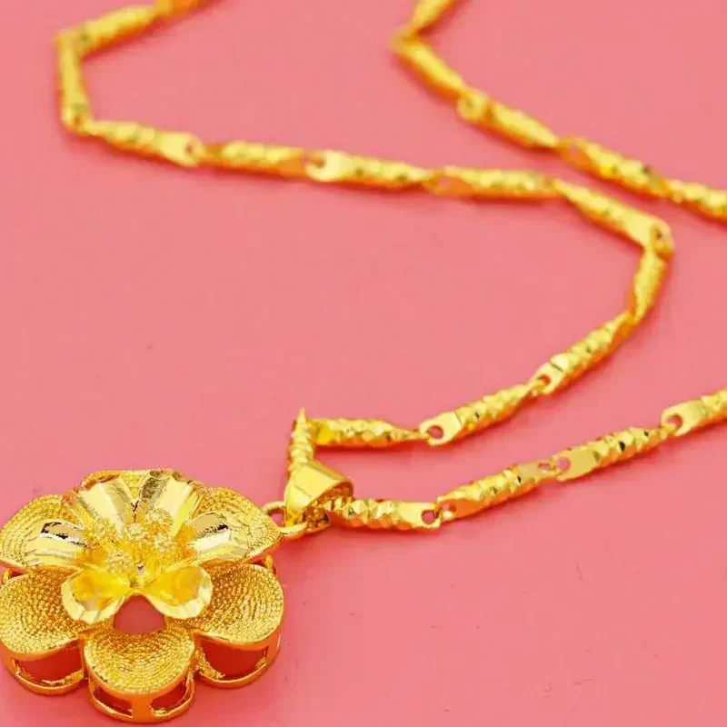 High quality 24k pure gold 999 womens necklace 3D large pendant AU750 large flower womens luxury quality jewelry chain