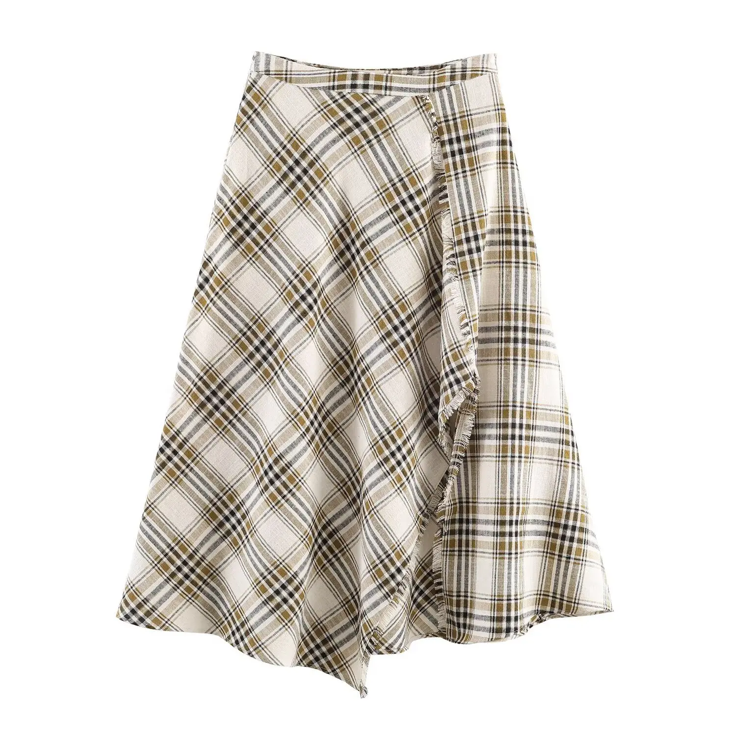 Women's Fashion Asymmetrical Plaid Midi Skirt   B934