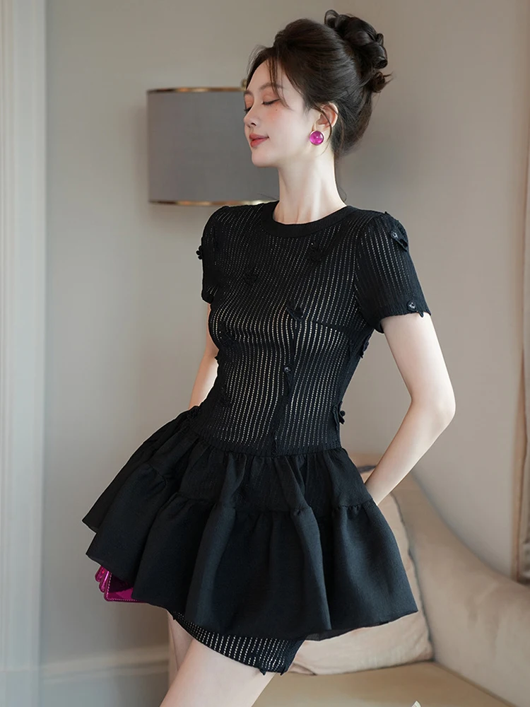 Women Clothes Sweet Solid Floral O-Neck Ruffles Skinny Mini Short Dress Lady Fashion Party Prom Birthday Vestidos Casual Summer