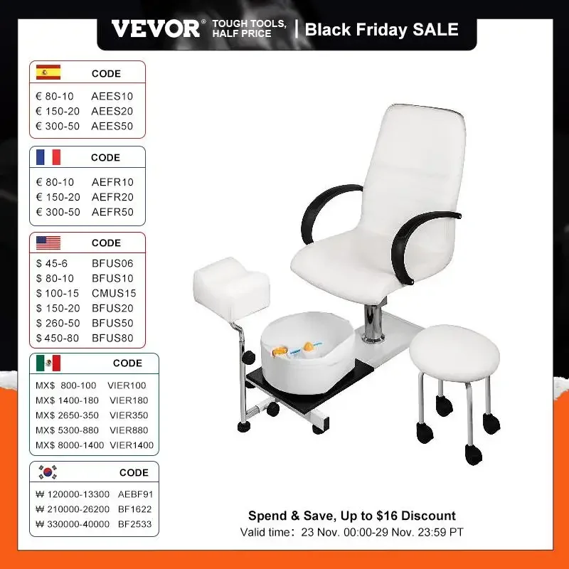 VEVOR Hydraulic Lift Adjustable Spa Pedicure Unit with Easy-Clean Bubble Massage Foot bath White/Black Chair Salon Equipment