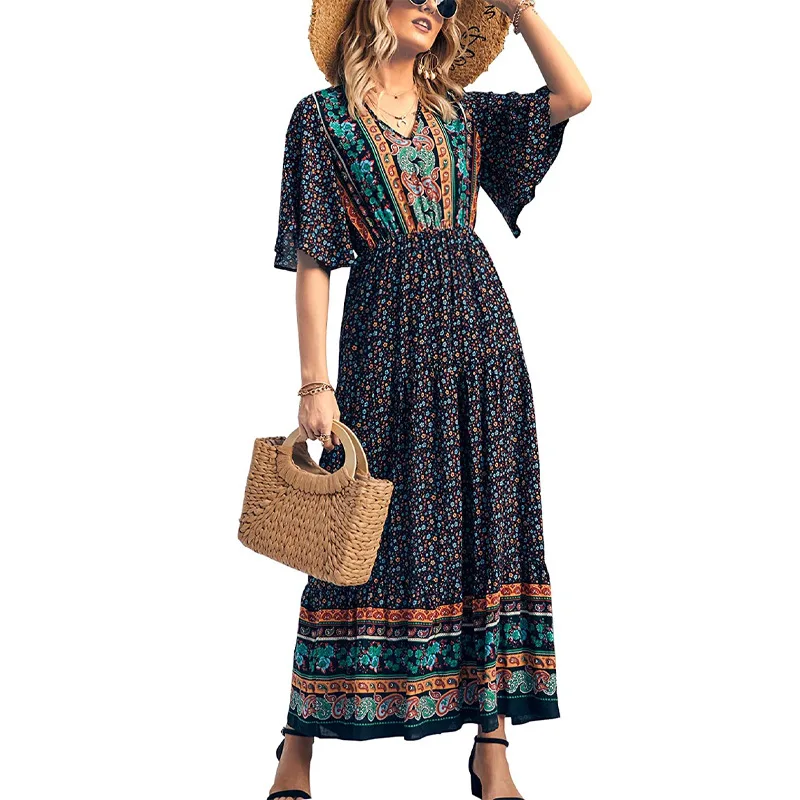 Bohemian Strand Langes Kleid Frauen Kleidung 2023 Sommer Taste V-ausschnitt Ausgestellte Ärmel Kleider Boho Hippie Chic Maxi Kleid Vestidos