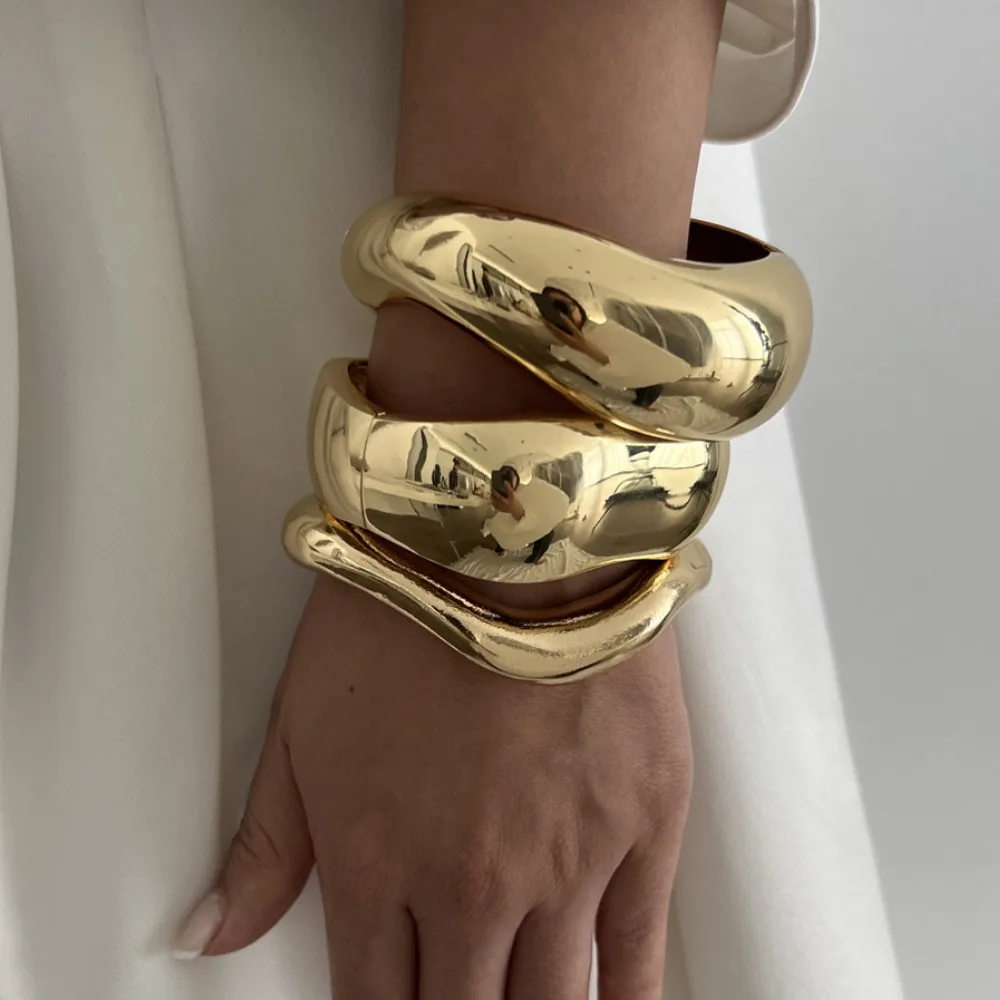 Vintage Wide Cuff Bangles Hip Hop Punk Gold Silver Color Geometric Metal Spring Bangles for Women Bracelets Men Jewelry