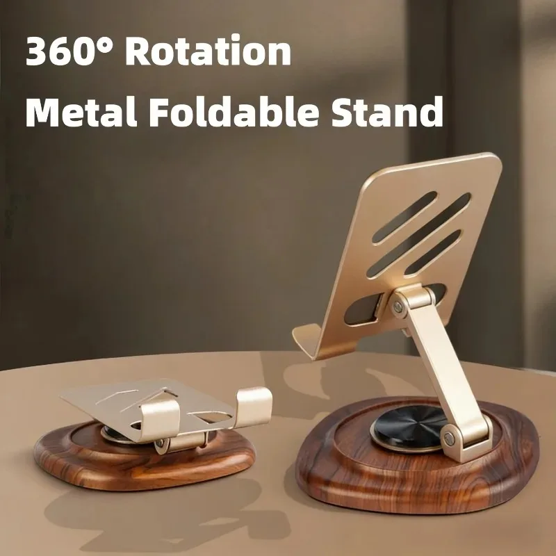 720° Rotating Wooden Phone &Tablet Stand -Walnut Grain Base with Aviation Metal, Adjustable Desktop Lazy Holder for iPhone iPad