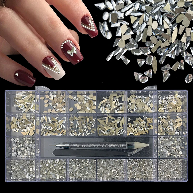 

6000pcs Luxury Shiny Diamond Nail Art Rhinestones Crystal Decorations Set AB Glass 1pcs Pick Up Pen In Grids Box