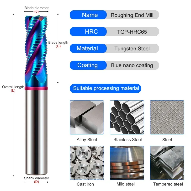 AZZKOR TGP-HRC65 Blue Nano coating 4-Flute Tungsten Steel Carbide Roughing Milling Cutter CNC Machinery Machining Rough Endmill