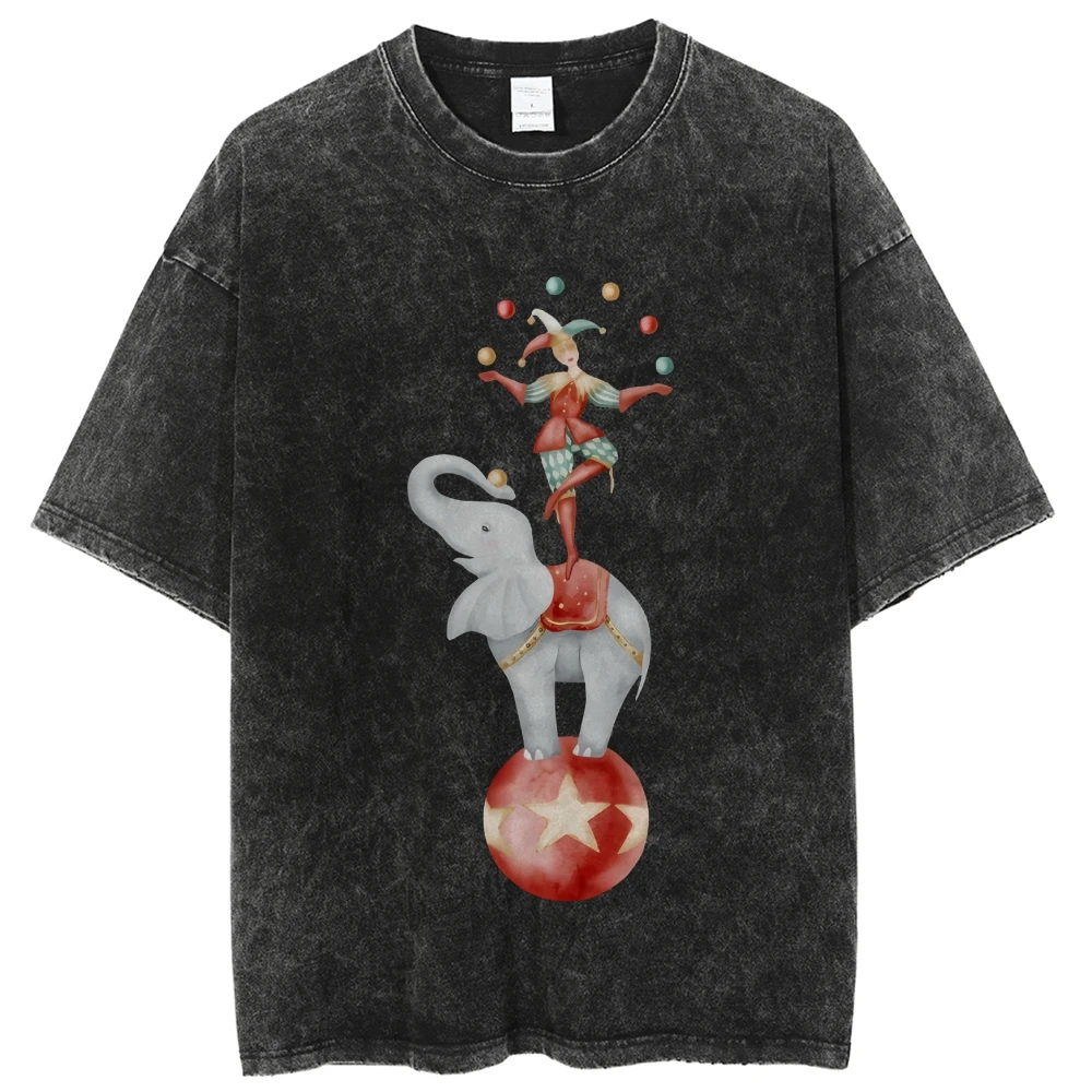 تي شيرت برسومات Y2K تي شيرت سيرك كلوون 100% قطن، تي شيرت مغسول كبير الحجم عالي الجودة. مهرج الفيل طباعة ريترو 90s Y2K فيبي