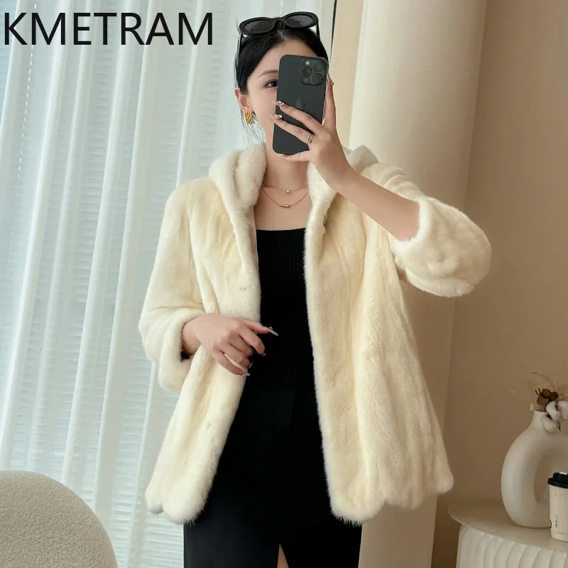 Damska kurtka z naturalnego futra norek, białe prawdziwe futro z kapturem, wysokiej jakości zimowa odzież damska, futrzane kurtki 2025 шуба женская