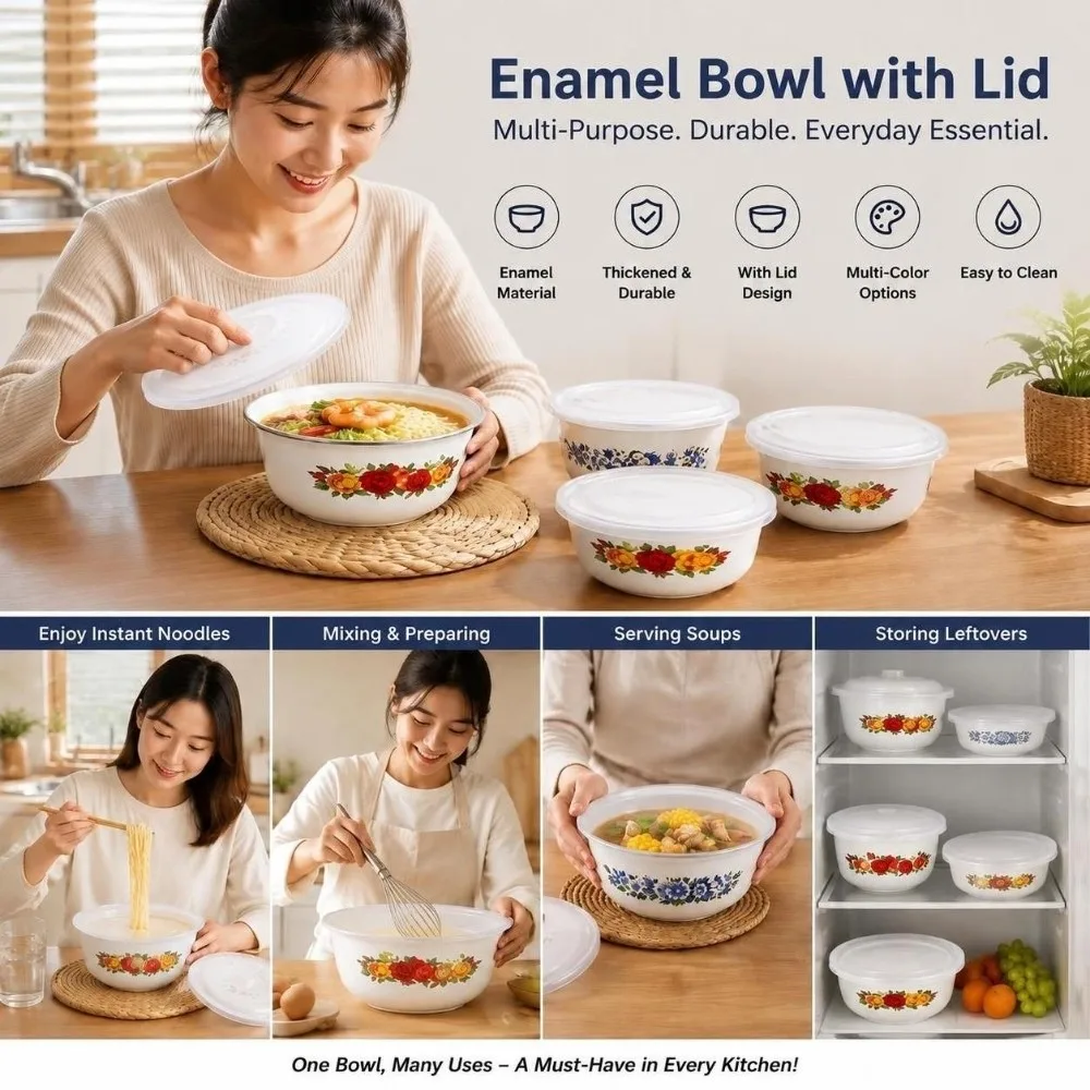 Chinese Rose Print Enamel Bowl with Lid Floral Enamel Mixing Bowl Sealed Heatable Food Storage Containers Outdoor Picnics