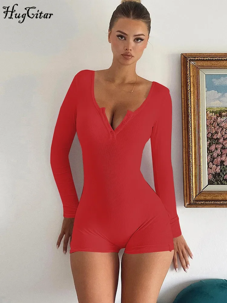 Hugcitar الربيع مضلع الصلبة ساحة طوق كم طويل أزرار مثير Bodycon نحيل Playsuit المرأة عادية رومبير الشارع الشهير الرياضة
