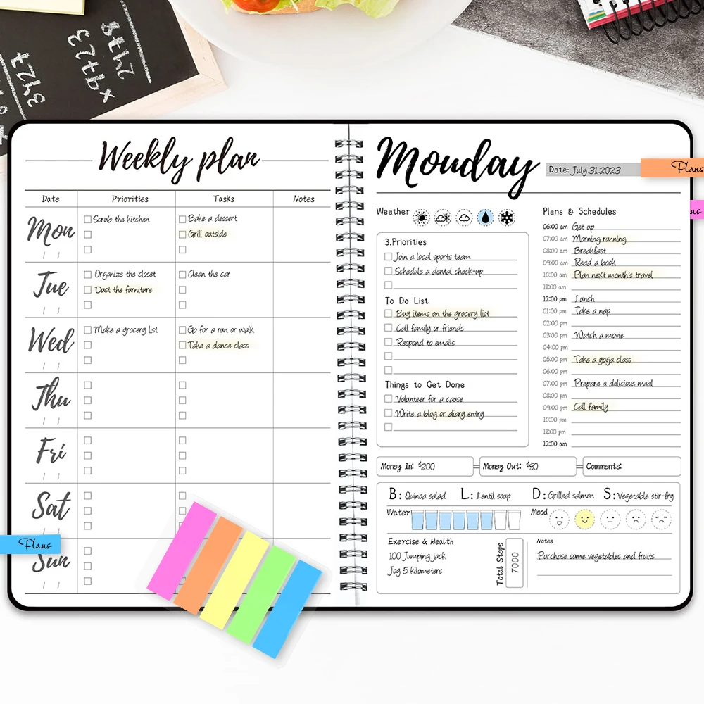 Daily Planner to Easily Organize Your Tasks and Boost Productivity 7.3\" X 10\" to Do List Planner, with Color Index Stickers