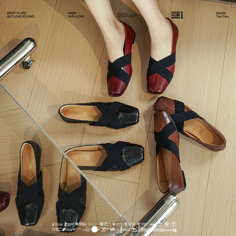 Leather Square Toe Elastoplast Cross Strap Ballet Shoes Retro Mary Jane Flats with Sheepskin Insole and Pigskin Lining