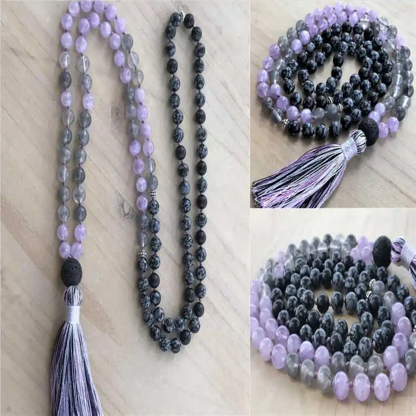 8mm Natural Snowflake Obsidian 108 Beads Tassel Knot Necklace Men's Fragrant Prayer Relief Mala