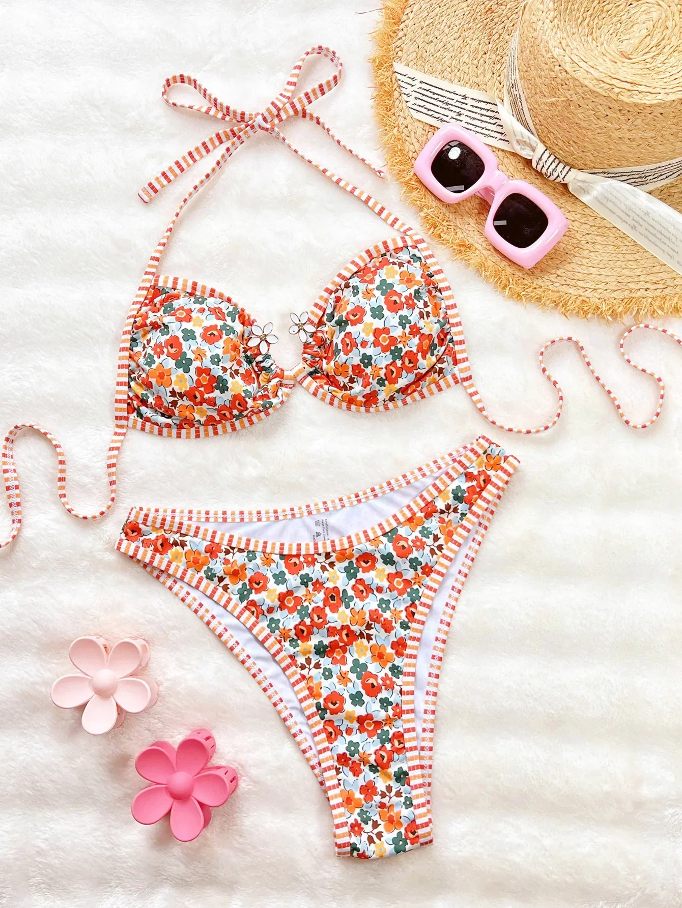 

Sexy Orange Floral Print Bikini 2025 Swimwear Women Halter 3D Flower Ring Push Up Bandage Bathing Suit Holiday Thong Swimsuit